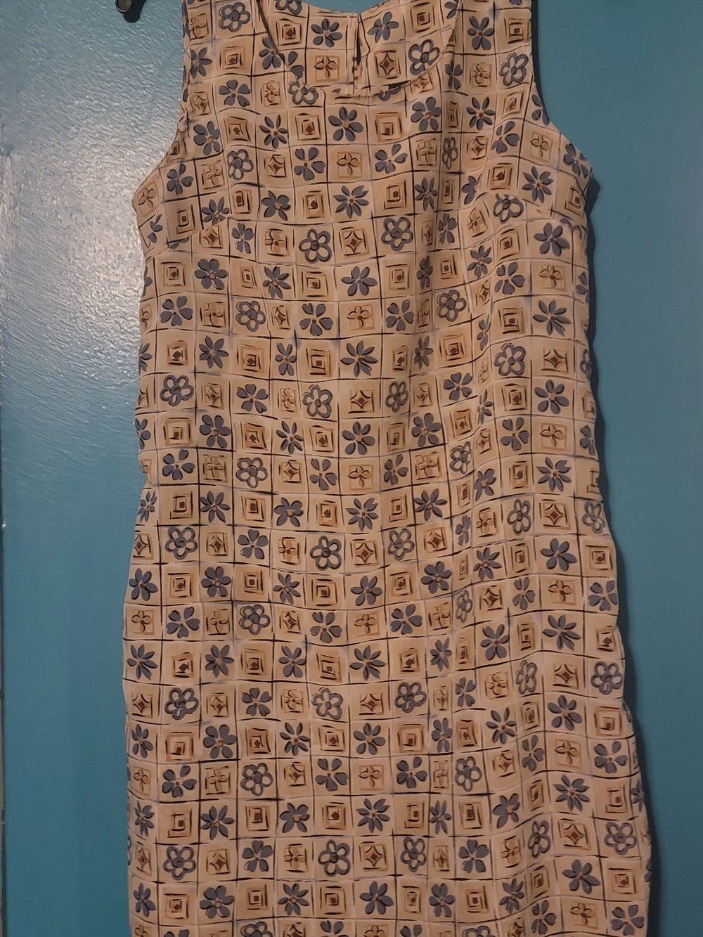 Sleeveless Beige Dress with Blue Floral Tile Print